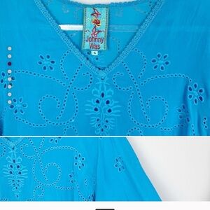 Johnny Was Blue Embellished Short Sleeve Blouse